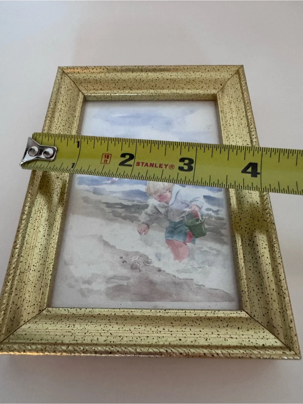 Vintage Miniature Watercolor Beach Boy Gold Frame Grandmillennial Coastal Art